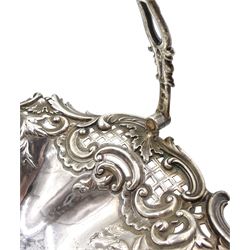 Victorian silver fruit basket with embossed and pierced decoration, swing handle and pedestal foot D26cm Sheffield 1840 Maker Henry Wilkinson & Co  21.1oz