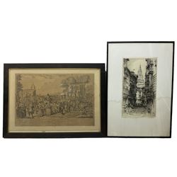 After David Ogborne (British 1700-1768): 'The Dunmow Flitch', engraving laid onto canvas pub. c1752, 36cm x 55cm; Albany E Howarth (British 1872-1936): 'A Street in Toledo', etching signed, titled in the plate 39cm x 22cm (2)