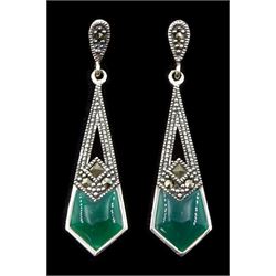 Pair of silver green agate and marcasite pendant stud earrings, stamped 925