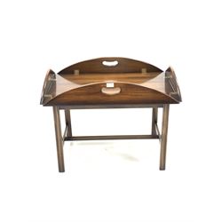 20th century mahogany butlers tray on stand by 'Rackstraw,' brass hinges and pierced carry handles and base, square moulded and chamfered stand supports united by 'H' stretcher (W76cm, D51cm, H61cm)