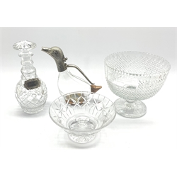  Modern glass wine decanter in the form of a duck with silver-plated mounts, cut crystal decanter with mushroom stopper, large cut crystal presentation bowl and a Stuart cut glass bowl  