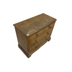 Rustic pine chest, rectangular top over two short and two long drawers, on shaped plinth base