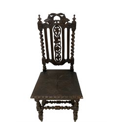 Pair of 19th century Jacobean Revival heavily carved oak hall chairs, crestring rail and pierced splat carved with ivy leaf decoration flanked by spiral turned uprights, solid set carved with foliate lozenge, raised on barley-twist supports united by stretchers