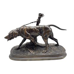 After Pierre-Jules Mene(1810-1877): Bronze of a hound tethered to a post, signature on base L30cm x H25cm  Provenance: 3rd Earl of Feversham