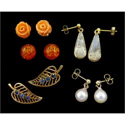 Five pairs of 9ct gold stud earrings including agate, sapphire leaf, pearl, amber and coral
