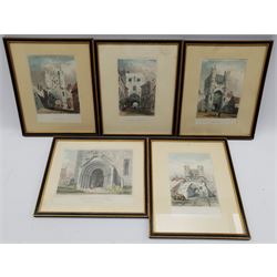 Lorna Ellett-Brown (British Contemporary): York Minster, pair pen and ink sketches and a similar print; together with five hand-coloured engravings of York and a photograph, max 38cm x 28cm (9)