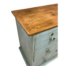 Victorian pine painted chest, two short over two long drawers, distressed turquoise paint and waxed finish, on turned feet