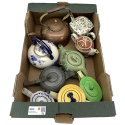 Copper kettle, various teapots including Royal Doulton, Arthur Wood etc in one box