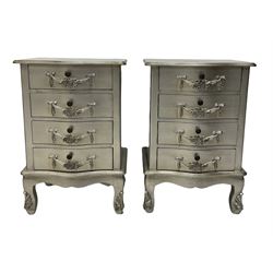 A pair of French style silvered serpentine chest, fitted with four drawers 