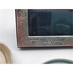 Small silver 999 standard table photograph frame 10cm x 8cm,, magnifying glass with silver handle and a pair of trinket dishes with repoussee decoration marked 925