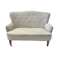 Traditional 'Loveseat' two seat sofa, upholstered in oatmeal buttoned linen, with feature toile fabric design to reverse, raised on turned front supports 