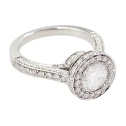18ct white gold single stone round brilliant cut diamond ring, with pave set diamond surround, gallery and shoulders, principle diamond approx 1.20 carat