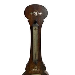 A  Victorian mercury barometer c1860 in a rosewood case with mother of pearl inlay, with a rounded top and shaped base, 8” silvered dial with weather predictions, cast brass bezel and convex glass, steel indicating hand and brass recording hand, spirit thermometer in a raised box and recording hand setting disc. 
