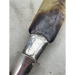 Taxidermy-Victorian deer foot paper knife by Rowland Ward Piccadilly with silver mounts dated 1885 and horn blade painted with birds and flowers L29cm 
