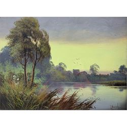 T Hardy (British 20th century): Riverside Landscape at Dusk, oil on canvas signed 37cm x 50cm