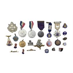 The Royal Masonic institution for girls 1932 hallmarked silver steward jewel, RFC sweetheart brooches one stamped 9ct, P.G.L. West Yorkshire 1897 jewel, cap badges, commemorative medallions, etc