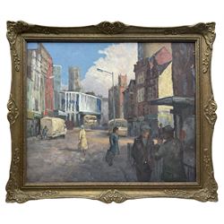 Northern British School (Mid-20th century): Figures in Doncaster High Street, oil on board unsigned 50cm x 60cm