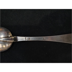  Queen Anne silver Dog-nose spoon with rat tail bowl,, the reverse of the terminal with prick dot initials A.H & T.H, dated 1707 L19cm London 1702 Maker Thomas Spackman  