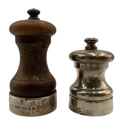 Elizabeth II silver pepper mill H6cm London 1962 Maker John Bull Ltd, another pepper mill with silver banding and a small silver Armada dish D10cm (3)