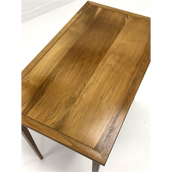20th century walnut side table, rectangular top inlaid with checkered stringing, square tapering supports inlaid with shell motifs, 80cm x 46cm, H68cm