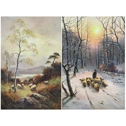 R Smith (British Late 19th century) after Joseph Farquharson (Scottish 1846-1935): Sheep Herding at Sunset, pair oils on canvas signed 29cm x 19cm (2)