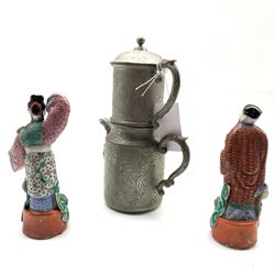 Pair of Chinese Republic male and female standing figures H17cm with pad marks to base and a Wahlee pewter coffee pot