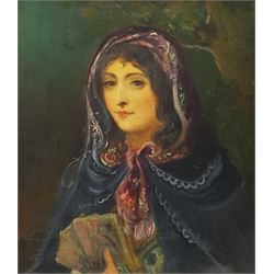 Spanish School (19th century): Lady in a Cloak Holding Playing Cards, oil on canvas unsigned, inscribed on later labels verso 58cm x 50cm