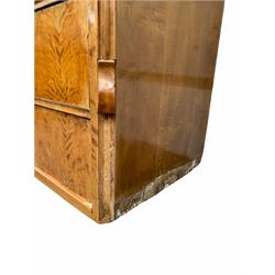 Continental walnut veneered escritoire, arched top over one drawer and fall front revealing fitted interior, three graduated drawers under, W104cm, H174cm, D52cm