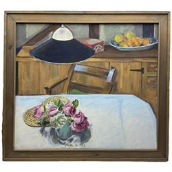 David Page (British 20th century): Still Life of Roses on a Table, oil on canvas signed and dated '87, 72cm x 81cm