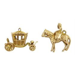 Two 9ct gold charms including carriage and lady riding sidesaddle, both hallmarked