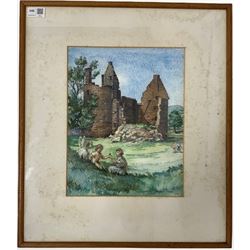Ian Anthony Gillibran (British contemporary): Herding Sheep in Winter, watercolour signed together with Arthur Forbes (British early 20th century): Children Playing in front of Castle Ruins, watercolour signed and dated 1938 max 36cm x 49ccm (2)