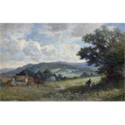 John Bates Noel (British 1870-1927): Landscape of the Chiltern Hills with Farm and Figures, oil on canvas signed and dated 1910, signed and titled verso 28cm x 45cm