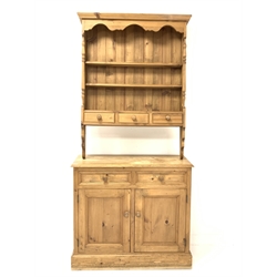  Solid pine two drawer dresser, wall hanging three height plate rack with three spice drawers, two drawers and two cupboards to base, plinth base, W91cm, H182cm, D40cm  