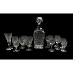 20th century silver mounted glass decanter of tapered square form by J B Chatterley & Sons Ltd, Birmingham 1973 H28cm, together with various early 20th century and later engraved and etched sherry glasses 