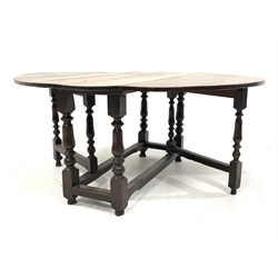 Late 17th century oak gateleg dining table, the oval top raised on turned and block supports, 163cm x 137cm, H73cm