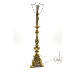  Antique design gilt metal table lamp on a tricorn base and paw feet H57cm excluding fitting  