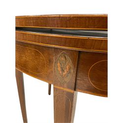George III mahogany demi lune tea table, the fold over top, raised on square tapering supports 