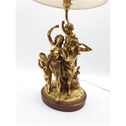Gilded cast brass electric lamp base in the form of a Bacchanalian group  of figures on red marble plinth 50cm (excluding shade) 