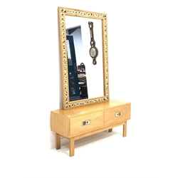 Poul Norreklit for Select Form Denmark - oak side cabinet with matching wall hanging mirror, with studio pottery ornamentation and fitted with two drawers, raised on square supports, W110cm (Mirror 80cm x 120cm)