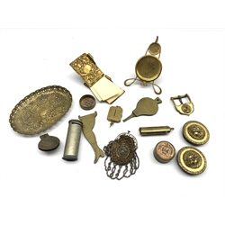 Small collectible items including brass note case, pocket watch stand, miniature bead work purse and postal scale etc 