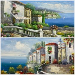 Rossini (Continental 20th century): Villas on the Amalfi Coast, pair oils on canvas signed 61cm x 92cm (2) (unframed)