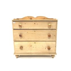 Victorian stripped pine chest, with raised back, fitted with three long graduated drawers, raised on turned supports, W88cm, H85cm, D40cm