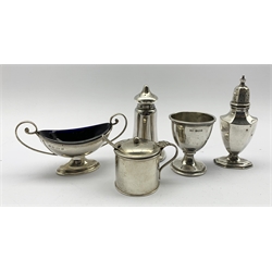 Silver two handled pedestal salt with blue glass liner Birmingham 1905, two silver pepperettes, silver mustard and an egg cup