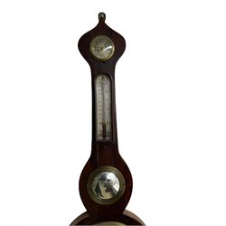 A rosewood mercury wheel barometer c1860 with an “onion” top and conforming base, complete with hygrometer, spirit thermometer, Butler’s mirror and level bubble, 8” silvered register engraved with weather predictions, measuring barometric pressure from 28 to 31 inches, with a steel indicating hand and brass recording hand, cast brass bezel and convex glass, syphon tube intact with mercury, pulleys and counterweight.



