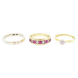 Gold three stone rubover set diamond ring, nine stone ruby and diamond ring and a diamond cluster ring, all hallmarked 9ct