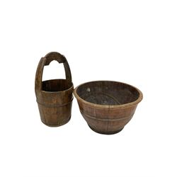 Late 19th/ early 20th century Chinese fruitwood well bucket, together with a rustic coopered fruitwood bowl 