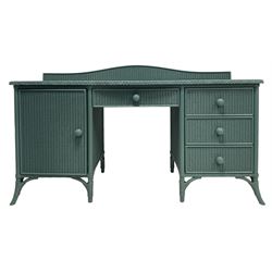 Lloyd Loom of Spalding - wicker dressing table or sideboard painted in teal, shaped raised back over rectangular top, fitted with single frieze drawer and three short drawers with one cupboard, on splayed feet