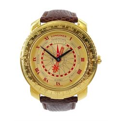 Longines Christobal C 18ct gold automatic solar compass wristwatch, No. 5256, Ref. No. A75LS30003, limited edition No. 31, sunburst champagne dial with red Roman numerals, hinged solar compass bezel, on original brown leather strap, boxed with papers and a spun glass model of a ship in a bottle, depicting Christopher Columbus's ship Santa Maria on stand