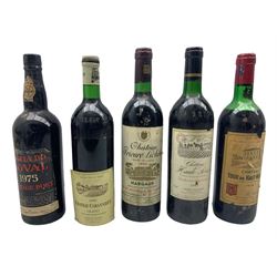 A bottle of Quinta Do Noval 1975 vintage port, 75cl., together with four bottles of red wine comprising Chateau Cabannieuxm 1983, 750ml, Chateau Prieure Lichine, Margaux 1983, 750ml, Chateau Tour du Haut-Moulin 1979, 12% vol 750ml, Chateau de Haute Serre 1985, 12.5% vol 750ml (5)