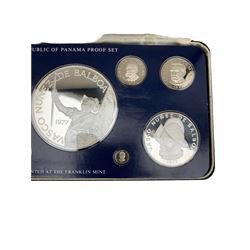 Republic of Panama proof nine coin set, dated 1977, from one centesimos to sterling silver twenty balboas coin, produced by The Franklin Mint, cased with certificate 